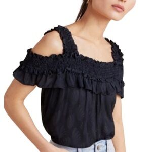 Anthropologie Finn Black Leaf Print Ruffled/Shirred Top w/Cold Shoulder. Size M